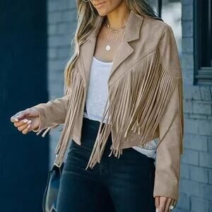 NWT Miss Sparkling Soft Faux Western Fringe Suede Lined Jacket Coat M CreamBeige